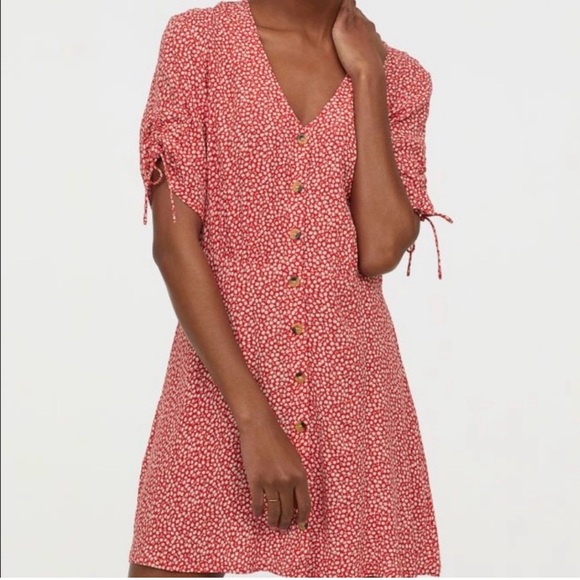 H&M Red Floral Dress Tie Sleeves Sz 2 - Picture 1 of 7
